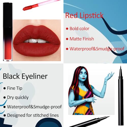 Sally Makeup Kit (Variation: Sally Makeup Kit) – Light Blue Face Paint, Red Lipstick, Black Eyeliner, Sponges for Sally/Corpse Bride Halloween Cosplay