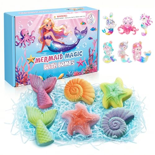 Kids Mermaid Bath Bombs with Toys - Ocean Themed Gift Set for Girls Age 4-8