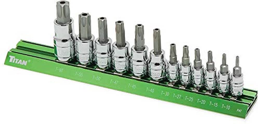 Titan 16121 12-Piece Tamper Resistant Torx Bit Socket Set, Magnetic Socket Organizer with Laser-Etched Size Markings