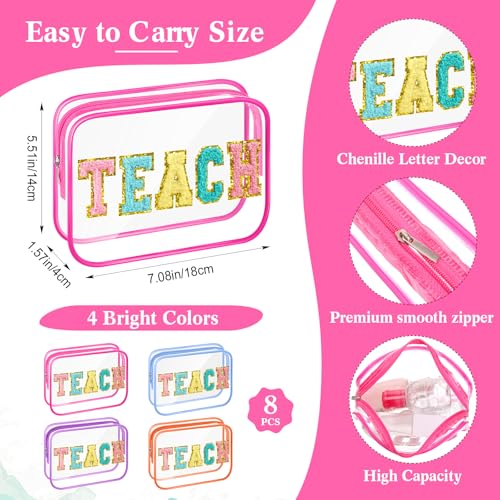 8 Pcs Clear Teach Makeup Bags with Chenille Letter Accents - Multicolor