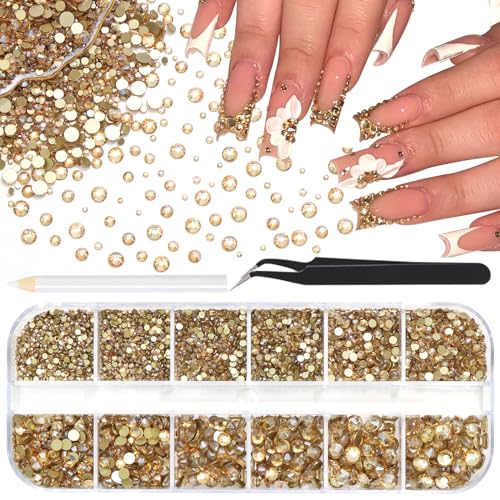 RODAKY 4000Pcs Champagne Flatback Rhinestones for Nails & Crafts - 6 Sizes