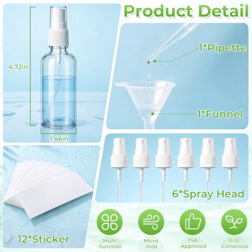 JTIEO 6 Pack 2oz Glass Spray Bottles for Essential Oils & Perfume - Travel Refillable Set