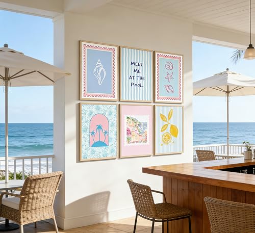 Coastal Wall Art Set - 6 Pcs Pink Blue Seashell Canvas Prints, 8x10