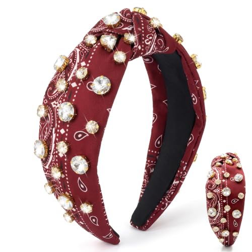 Pantide Bandana Knotted Headband with Paisley & Rhinestones, Red