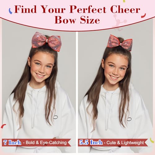 DEEKA 6-Pack Red Glitter Tailless Cheer Bows with Rhinestones