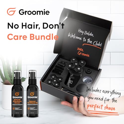 GROOMIE No Hair, Don't Care Bundle - 5D BaldiePro Electric Head Shavers for Bald Men, Natural Pre-Shave Oil to Promote Close Shave, & Natural Aftershave Serum - Mens Head Shaver Kit w/Electric Razor