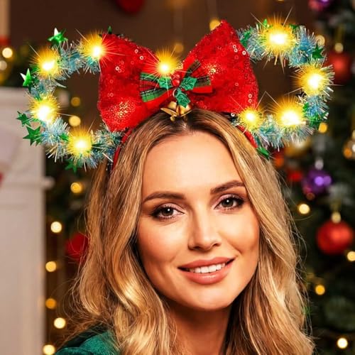 Catery Green Christmas Mouse Ears Headband with Light Up Bow for Women