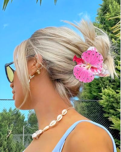 Hawaiian Flower Hair Claw Clips 4-Pack with Pink, Light Pink, Purple & Dark Purple Artificial Orchids