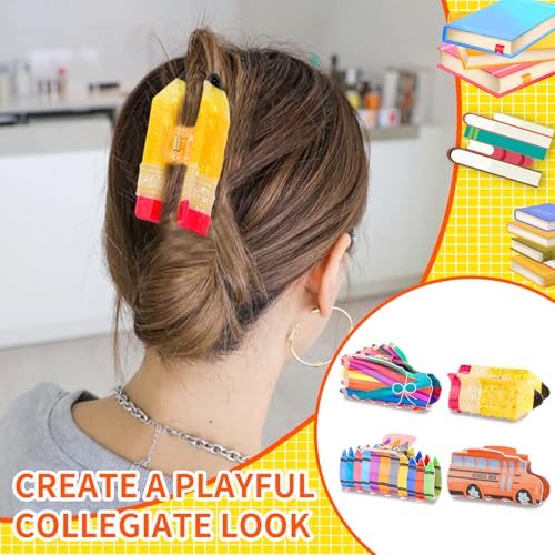 KICOSY Pencil 1 Clip Set - 4 School Bus, Crayon & Pencil Hair Clips for Teachers & Students, Back-to-School