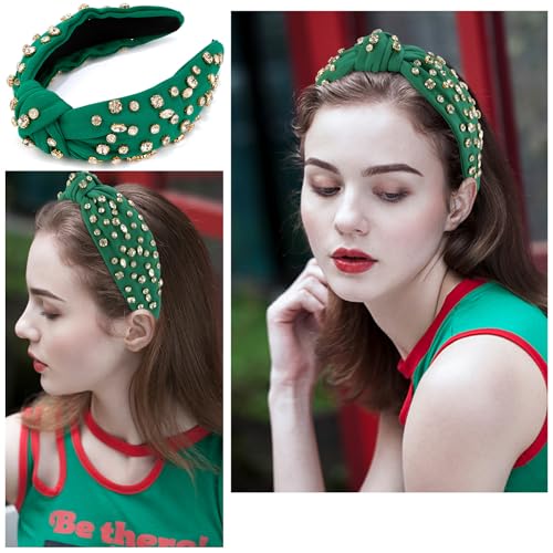 Atoden Green Rhinestone Headband - Women's Wide Top Knot with Clear Beaded Embellishments