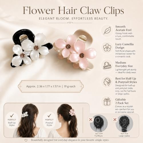 Babeorn Camellia Flower Acetate Hair Claw Clips - 2 Pack Medium Shark Clips