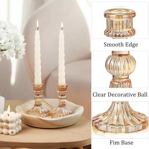 Gold Glass Taper Candlestick Holders - 4" Height, Set of 2
