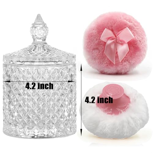 Luxury 4.2 Inch Glass Powder Container with 2 Plush Puffs - Pink Handle & Bow