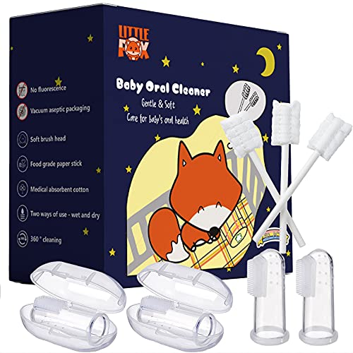 Little Fox Baby Oral Care Set 62 Pcs - Infant Tongue & Gum Cleaners with 2 Finger Toothbrushes & Cases