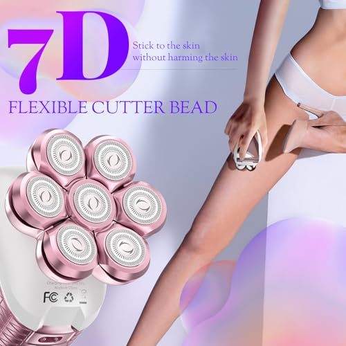 Electric Razors for Women Legs: 5-in-1 Electric Shaver with 7D Head - IPX6 Waterproof Wet Dry Hair Remover with LED Display & Travel Lock for Face Bikini (Light Pink)