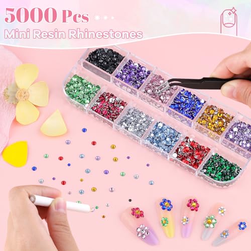 BELLEBOOST 5000pcs Multicolor Nail Rhinestones Kit with Tweezers & Pickup Pencil - Small Gems for Nail Art & Crafts