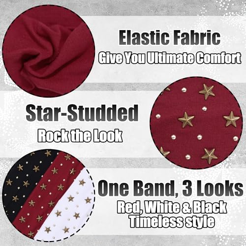 3 Pcs Punk Star Studded Headbands Set - Black, White, Red