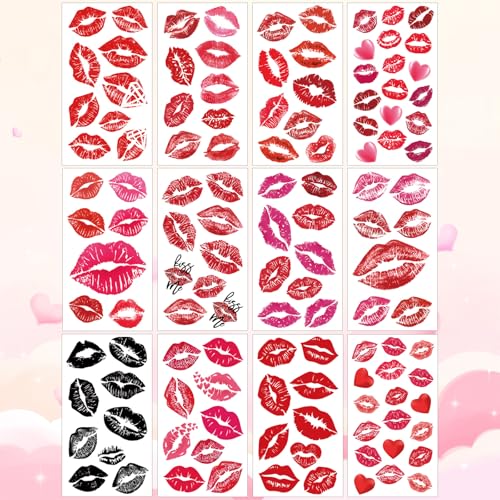 Metuu Lip Tattoo - 12 Sheets Lip Kiss Print Temporary Tattoos Waterproof for Adults & Kids - Valentines Heart Kiss Stickers