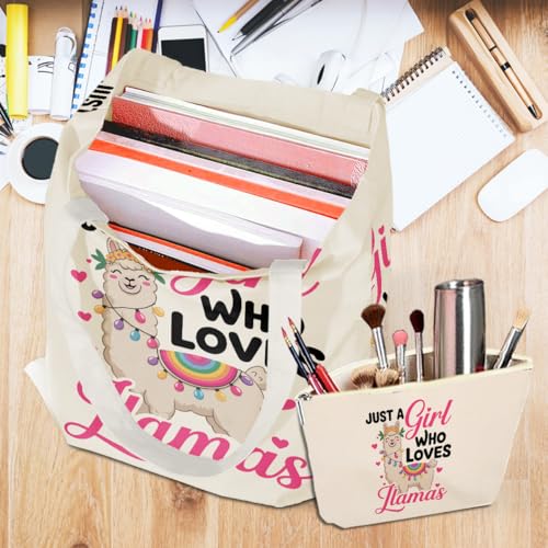 Cute Llamas Canvas Tote Bag with Makeup Bag for Women | jeilink