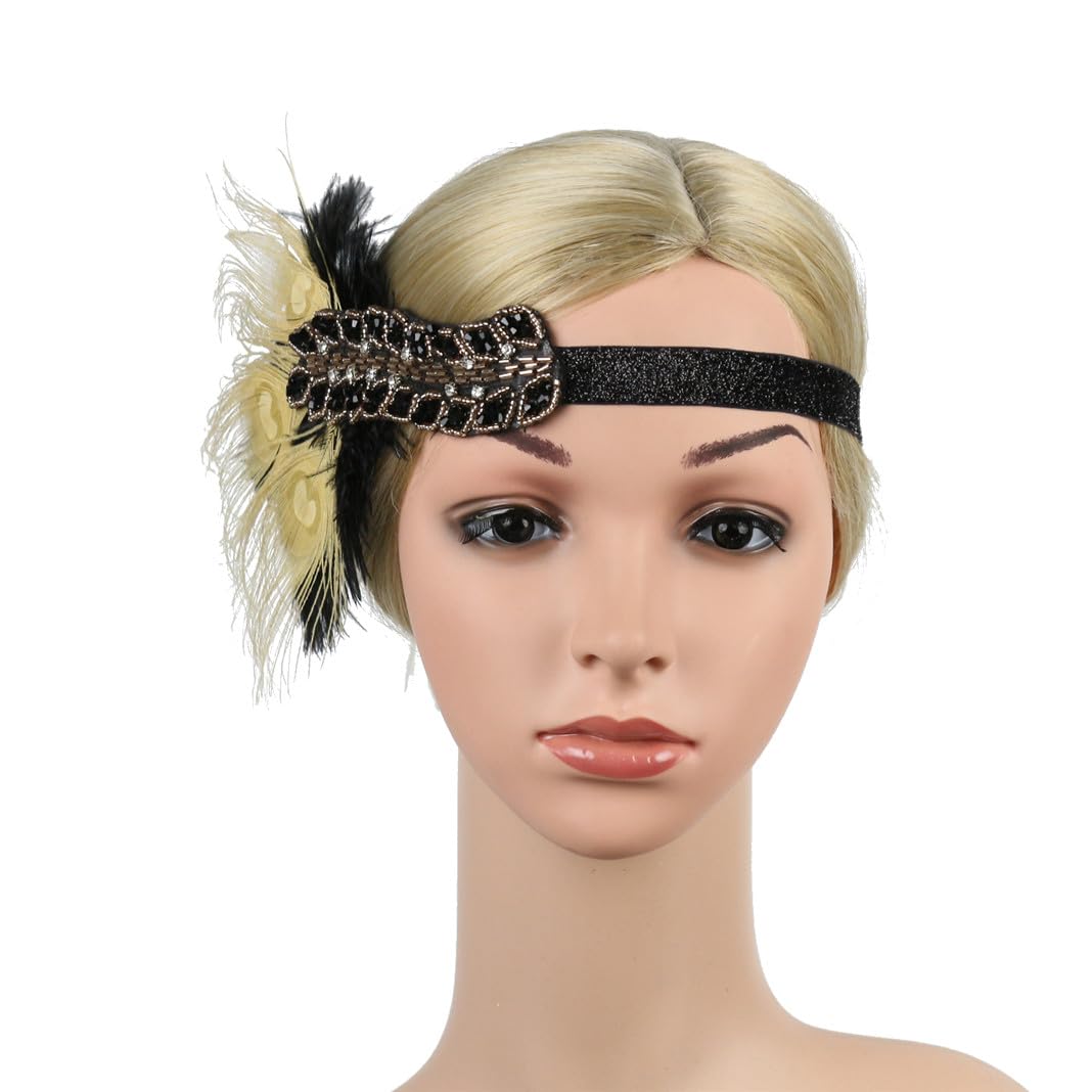 Lovfingu Flapper Headband Feather Roaring 20s Great Gatsby Headpiece for Women Art Deco Costumes G-Yellow