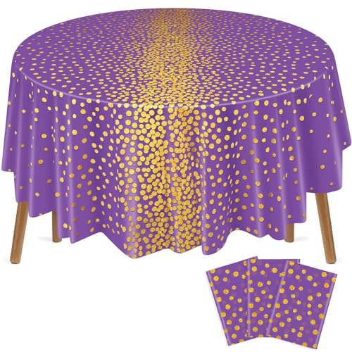 84 Inch Purple and Gold Polka Dot Round Tablecloth - Set of 3