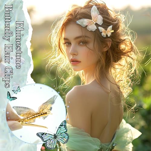 SAWINDA Gold Butterfly Hair Clips Set – 8pcs Tulle Rhinestone Hair Barrettes for Girls & Women, Moving Wings, Fairy Accessories