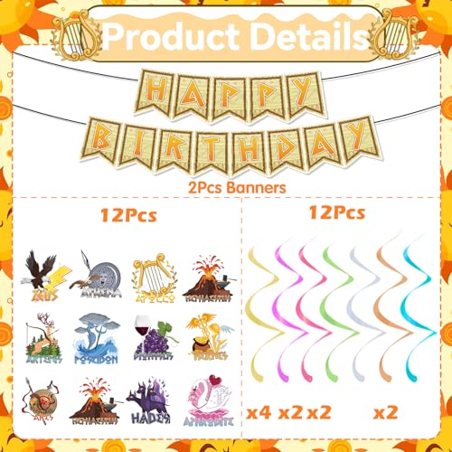 Greek Mythology Birthday Party Decoration Set - 14 PCS Banners & Swirls