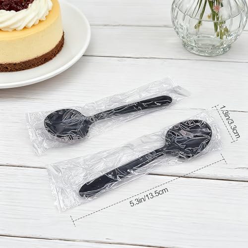 Heavy Duty Disposable Spoons - Individually Wrapped, 100 Pack, Black