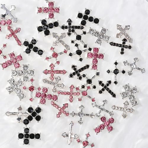 Crystal Cross Nail Charms 18Pcs - Y2K Pink Silver Black 3D Cross Nail Art