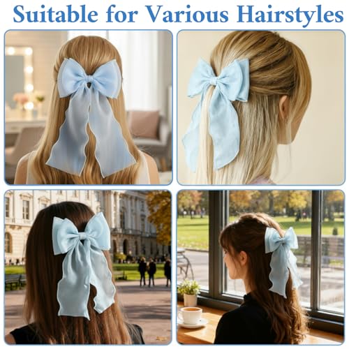 DOPENSPI 2PCS Large Blue Hair Bow Clips - Elegant Silk Ribbon Barrettes
