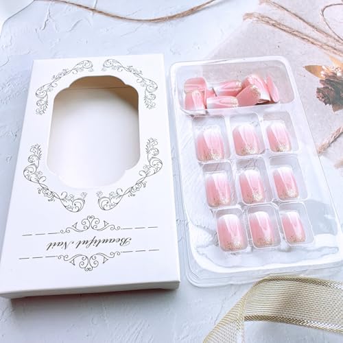 24 Pcs French Tip Press On Nails - Short Square Pink White Gradient