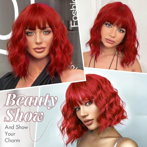 Ucubb Short Bob Wavy Wig with Bangs - Hong Style, Natural Look, 18 Inch, Synthetic Hair, Adjustable Fit for Women