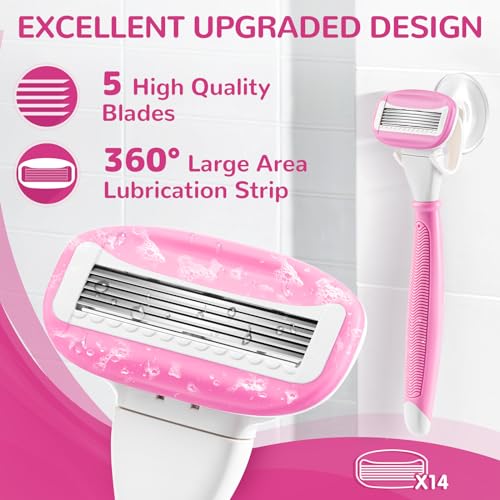 DreamGenius Pink Women's Razors - 5 Blades, 14 Cartridges & Shower Holder