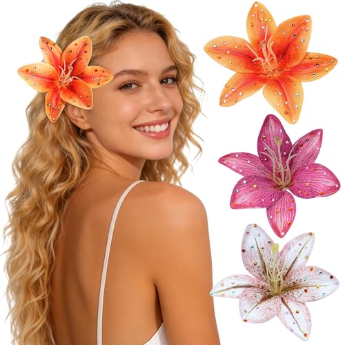 Hawaiian Flower Hair Clips with Rhinestones - 3 Pack