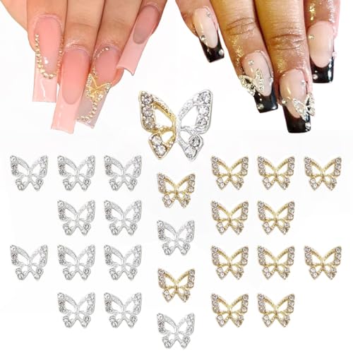 Qiipii 24Pcs Butterfly Nail Charms Bulk 3D Nail Art Gems – Gold & Silver Rhinestones for Acrylic Nails (Mix Rhinestones S)