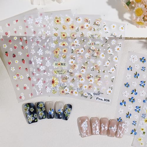 5D Floral & Fruit Nail Art Stickers - 6 Self-Adhesive Sheets