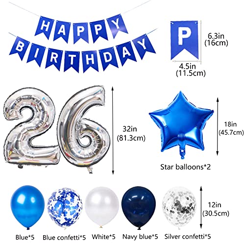 26th Birthday Party Decorations Blue Set for Men - Happy Banner & Balloons