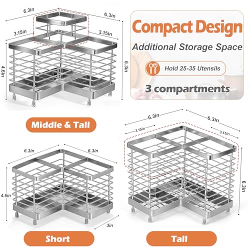Triangular Stainless Steel Utensil Holder - 3 Compartment Kitchen Organizer