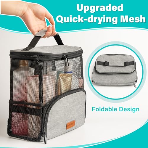 Hiverst Hanging Shower Caddy Tote, Quick-Dry Mesh Toiletry Bag for Travel