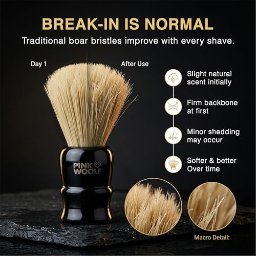 Pink Woolf Black 25mm Boar Shaving Brush for Men, Exfoliating Wet Shave Brush