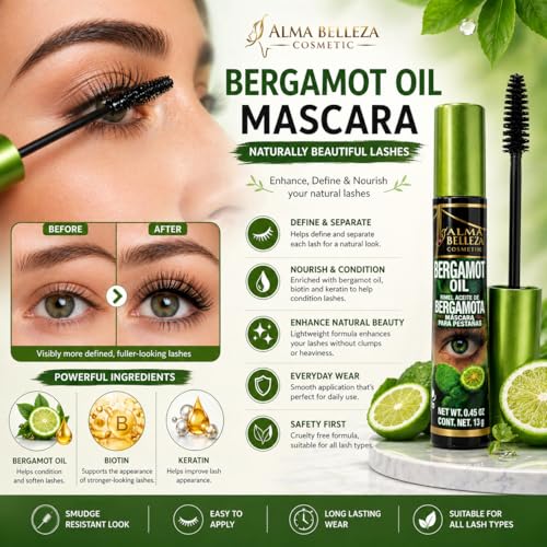 Alma Belleza Waterproof Bergamot Mascara with Panthenol & Silicone – Nourishing Long-Lasting Voluminous Lashes