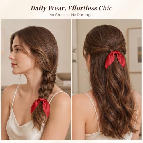 THXSILK 100% Pure Mulberry Silk Scrunchie with Bow - Red Hair Accessory