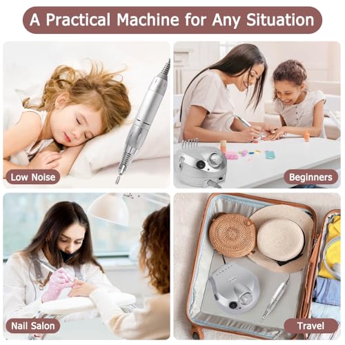 A4 Silver Electric Nail Drill Machine 30000RPM with 6 Sanding Bands & Bits for Home & Salon