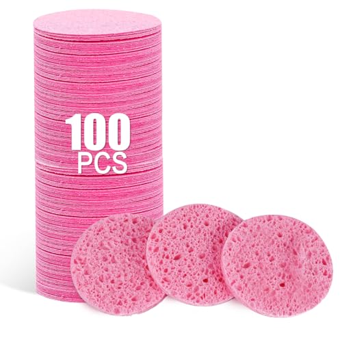 100-Count Pink Round Facial Sponges – 100% Natural Cellulose Makeup Remover & Cleansing Sponges (Spunspon) – 2.36in
