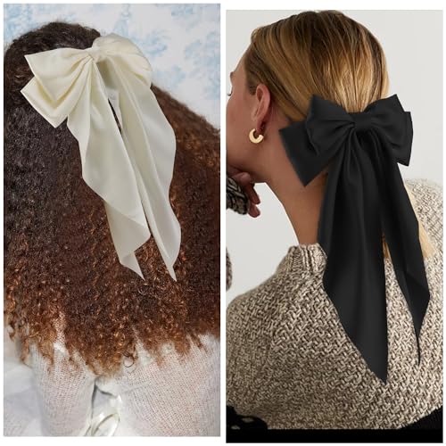 Atoden Large Silky Satin Hair Bows - Black & Beige 2Pcs Set