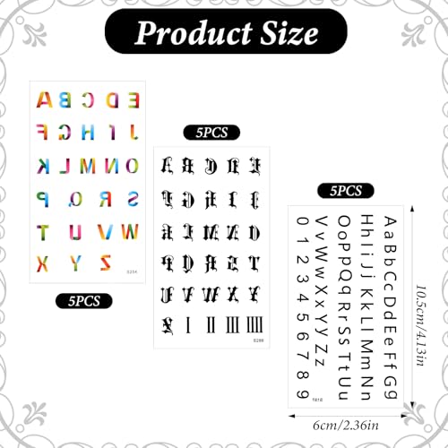 Gothic Print Colorful Alphabet Temporary Tattoos - 15 Sheets