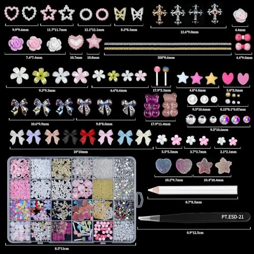 VYNELLE 24 Grid Nail Charms Multicolor Set - Flowers, Butterflies, Gems & Pearls