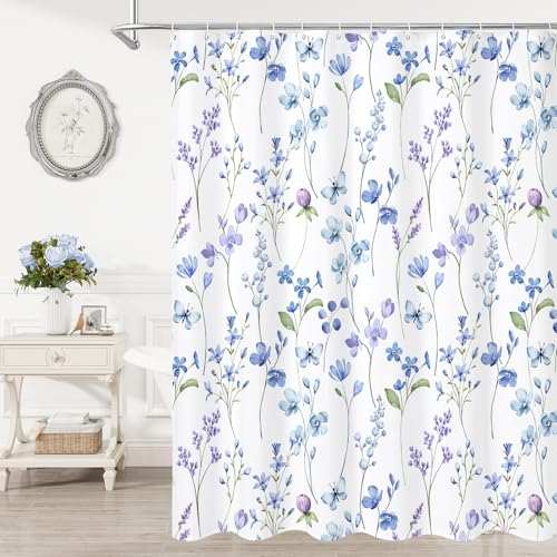 Litabel Watercolor Floral Shower Curtain - Blue Butterfly Design, 72x72 Waterproof