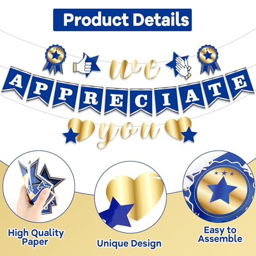 We Appreciate You Banner Decorations - Blue Gold Party Streamers