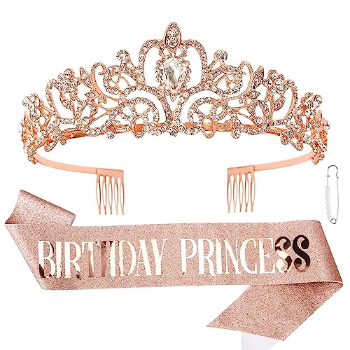Rose Gold Princess Tiara & Birthday Sash Set for Girls & Women - Party Decorations